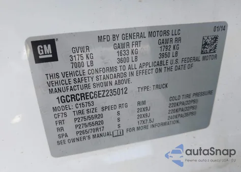 2014 Chevrolet Silverado 1500 1Lt z USA, uszkodzony, nr VIN 1GCRCREC6EZ235012